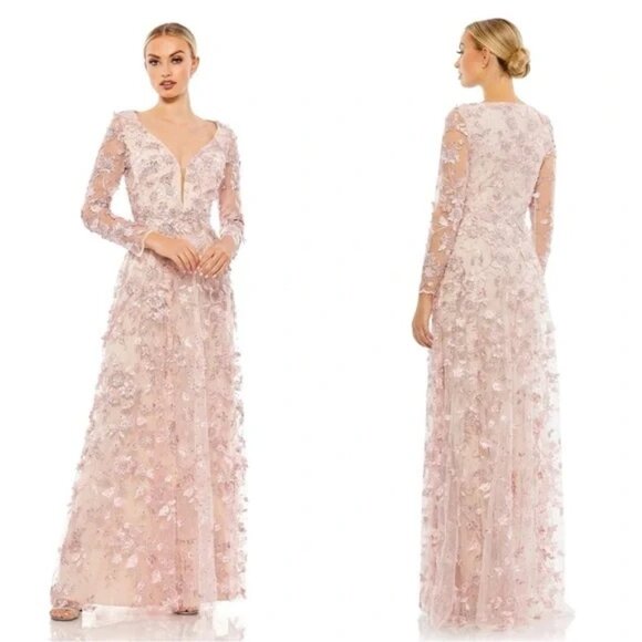 Mac Duggal 70224 Pink Floral Applique Long Sleeve Illusion Gown NWT Size 8 - Picture 1 of 4